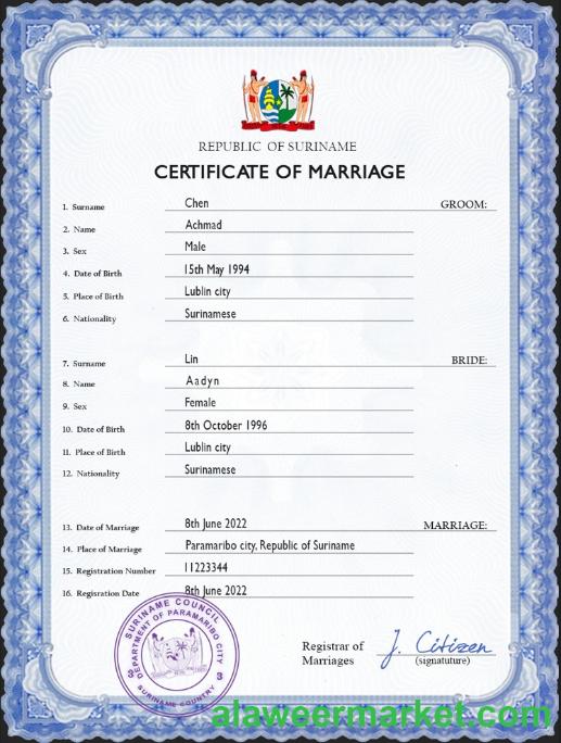 Suriname marriage certificate PSD template